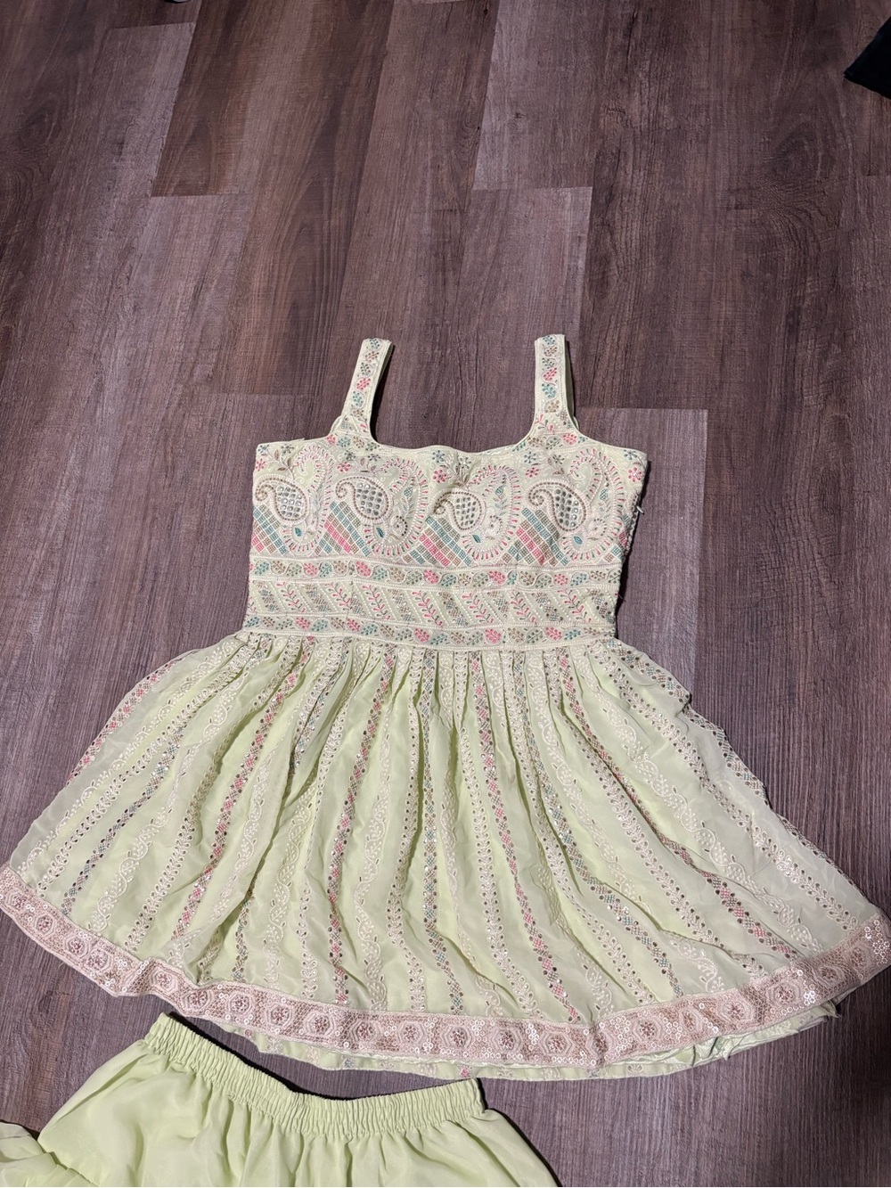 Embroidered Pale Lime Peplum Top with Draped Chiffon Skirt - ethnic Indian wear - Picture 4 of 7